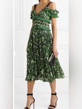 Self-Portrait Green Floral Ruffle-Shoulder Pleated Midi Dress